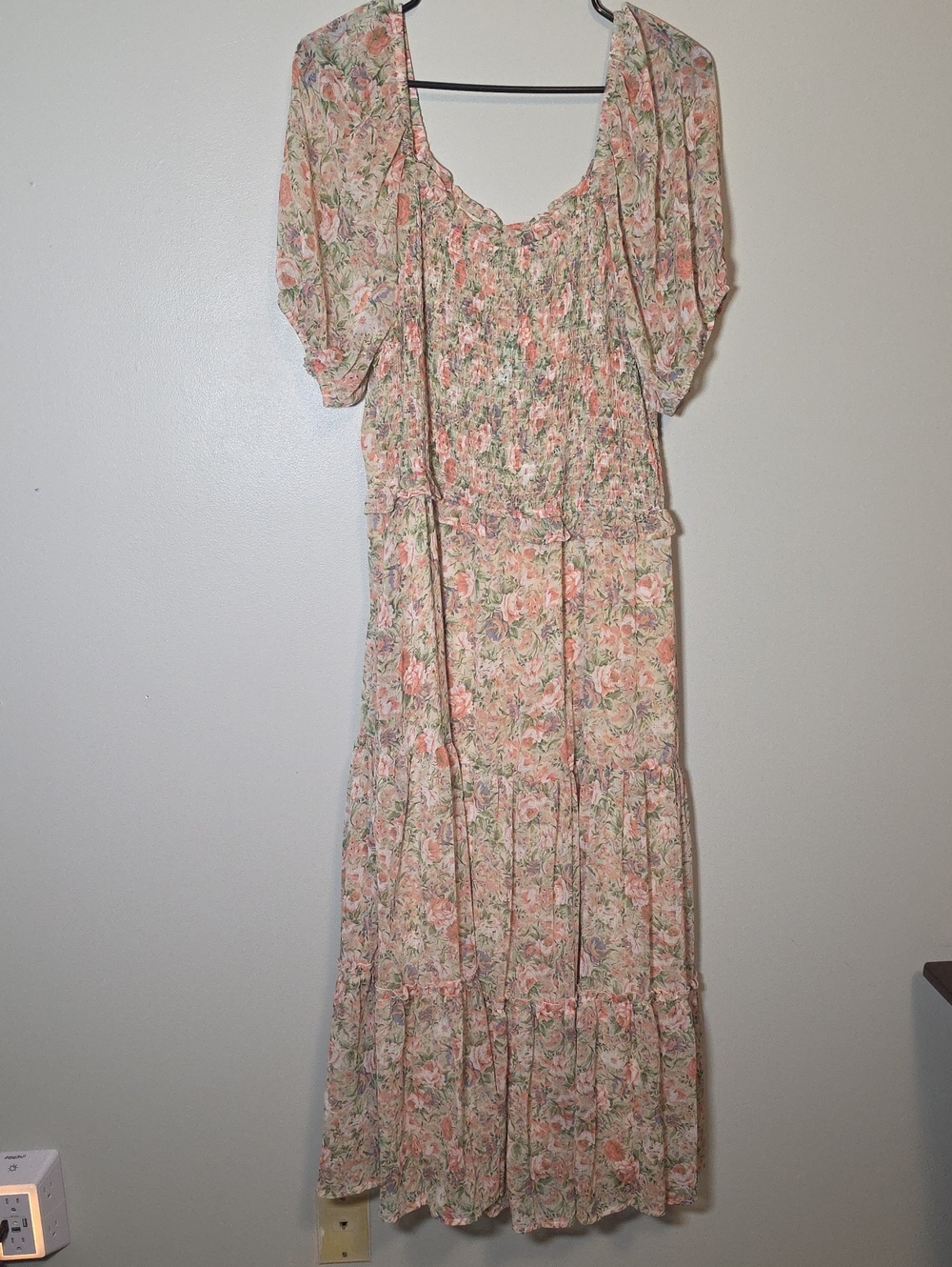 Floral Peach and Cream Smocked Maxi Dress